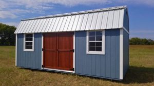 blue lofted barn shed with side entry