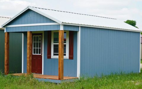 light blue cabin shed displays different shed color options