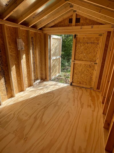 For those searching for the 8x12 Utility Shed on sale, this description showcases the inside of an 8x12 Utility Shed with wood flooring and a door.