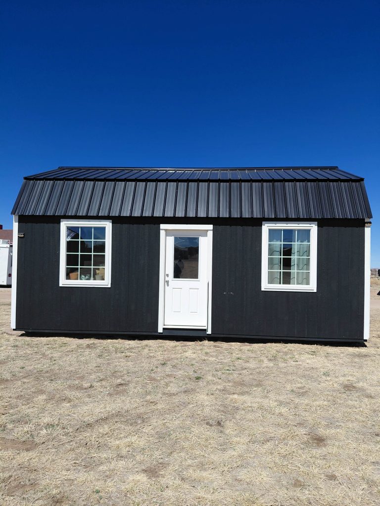  - Small dark tiny-house on a dry field under a clear blue sky, white-framed windows and door with metal roof.