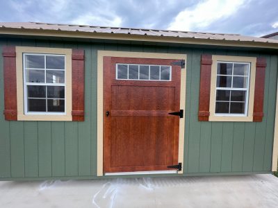 A 10x16 Garden Shed with a wooden door, available for sale near me.