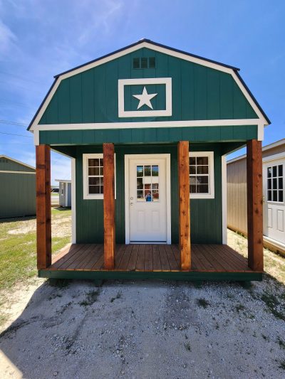 A 12x24 Lofted Barn with a star on it is available for sale at a nearby shed store.