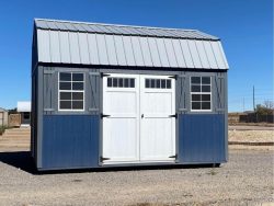 A 12x16 Lofted Barn shed with a metal roof, for sale.
