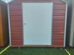 For sale: An 8x10 metal shed with a white door.