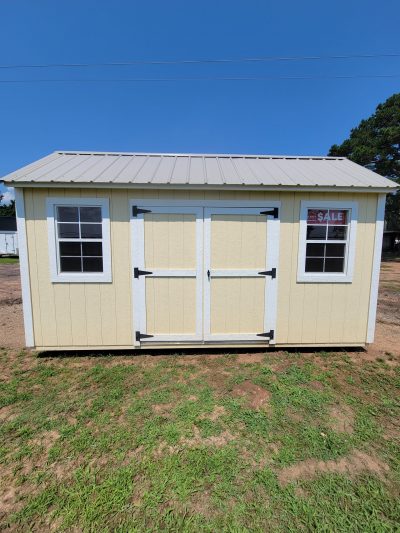 A yellow 10x16 Garden Shed with a white door available for 10x16 Garden Sheds on sale.