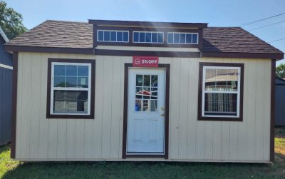 A 16x20 Chalet Shed for sale with windows and a door at a shed store near me.