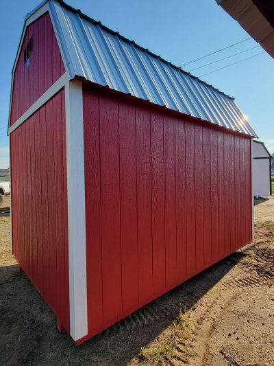 An 8x12 Lofted Barn Shed with a metal roof, available for sale.