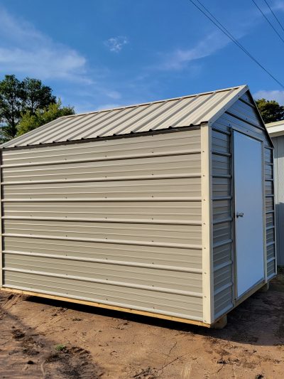 A 8x12 metal shed with a door available at the shed store near me.