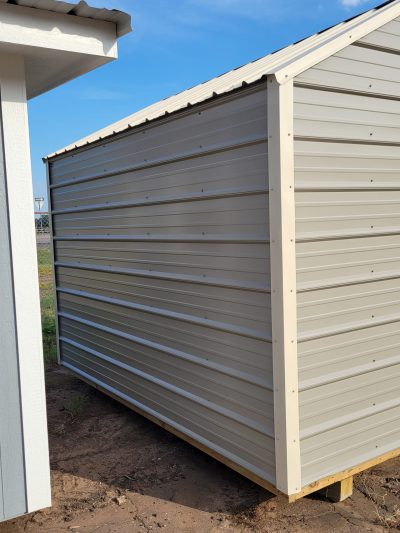 An 8x12 Metal Shed with a metal roof and siding, available at sheds on sale.