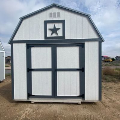 A 10x12 Lofted Barn Shed with a star on it **on sale**.