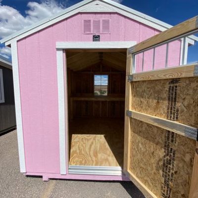 A small pink 8x10 Utility Shed for sale with a door open.