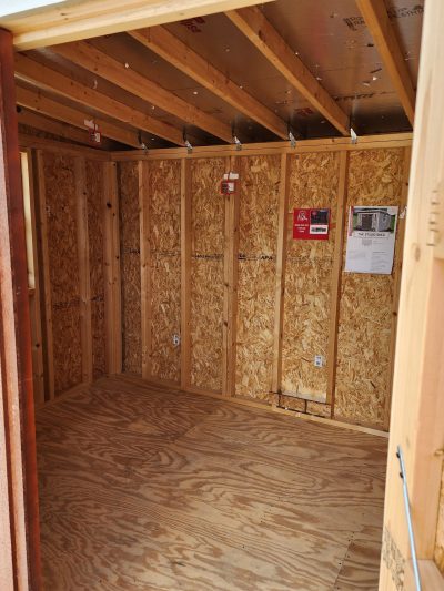 The interior of an 8x12 Studio Shed featuring sturdy plywood walls.
