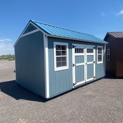 A blue and white 10x16 Garden Shed with a blue roof, perfect for those looking for sheds on sale or a shed store near me.
