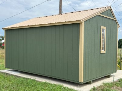 A 10x16 Garden Shed with a tan roof is available for sale at a nearby shed store.