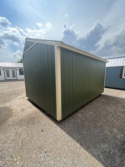A 10x14 Garden Shed for sale in a parking lot near me.