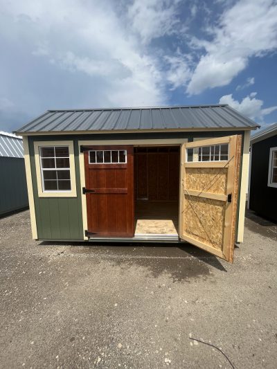 A 10x14 Garden Shed with an open door, available for sale near me.