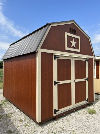 A 10x12 Lofted Barn Shed with a star on it, available for sale.