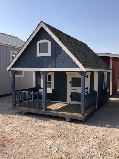A small blue and white 8x12 Hideout Playhouse with a porch for sale.