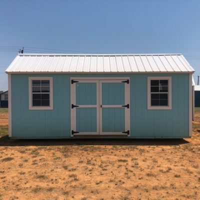 For sale: A 10x20 Garden Shed with a white door.
