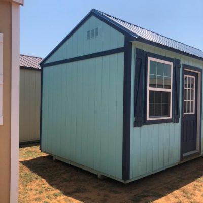 For sale: A small blue 10x16 Garden Shed with a blue roof, available at our shed store near me.