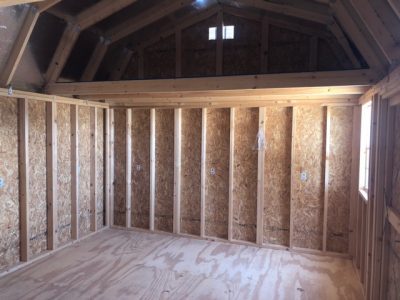 For those in search of 12x16 Lofted Barn sheds for sale near me, this is an ideal option. The interior of this 12x16 Lofted Barn showcases sturdy plywood walls.
