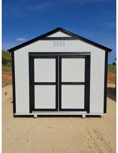 Find a shed store near me offering 10x12 Utility Sheds on sale, including a stylish white and black 10x12 Utility Shed featuring a sleek black door.