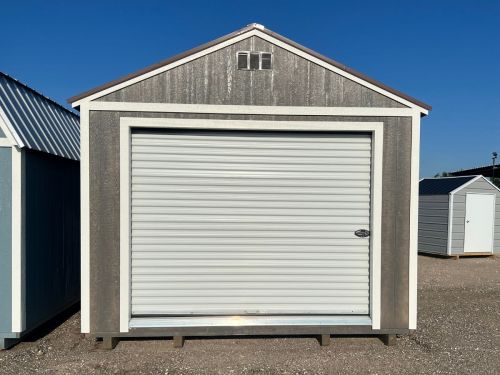 garage shed with white rollup door